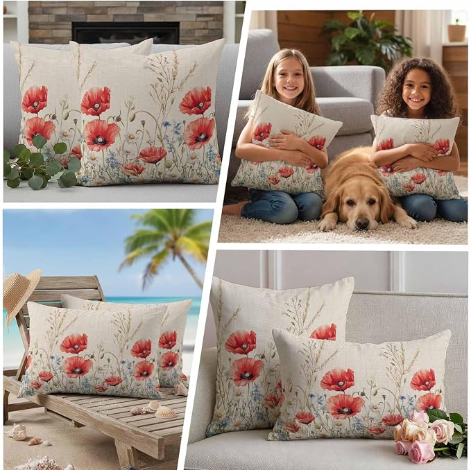 Red Poppy Flower Waterproof Outdoor Pillow Covers Set of 2 Home Decor, Patriotic Botanical Summer Floral Pillowcase Patio Pillow Covers for Couch Bench Furniture Garden 26x26in