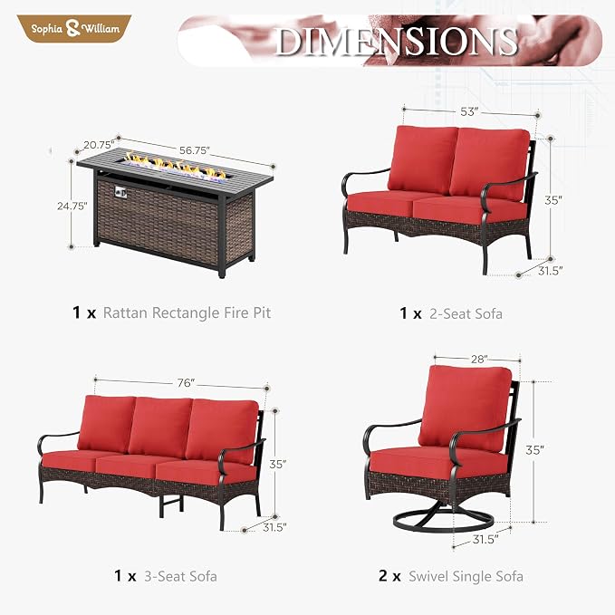 Sophia & William Patio Furniture Set with Fire Pit Table, 4PCS Metal Outdoor Conversation Set with Fire Pit Table, 2 Swivel Chairs,1 Loveseat,3-Seater Couch for Outdoor Seating,Backyard,Porch(Red)