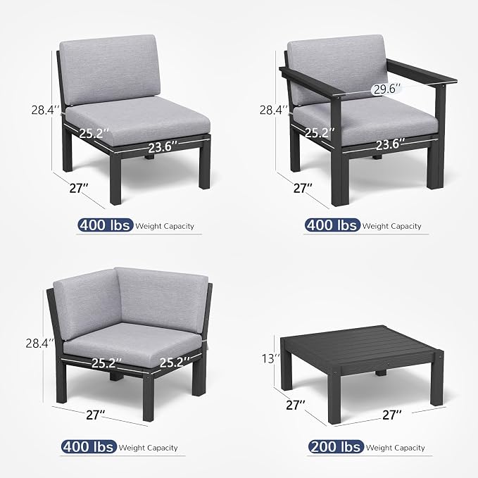 Stoog 6-Piece Patio Sectional Sofa Set, Modular Outdoor Furniture Set - All-Weather Waterproof HIPS Frame & Quick-Dry Olefin Cushions, Black