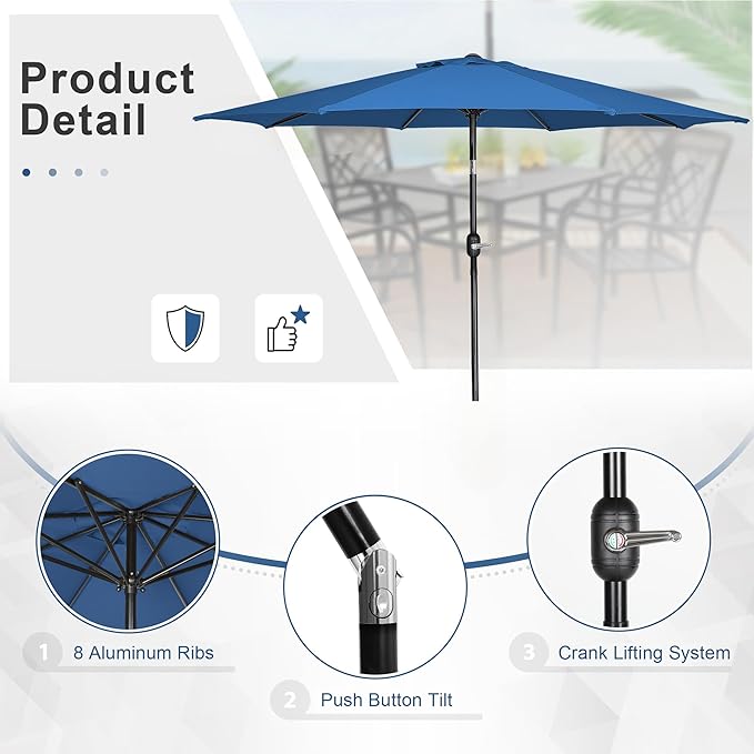 Crownland 5 Piece Patio Dining Set, Textilene Dining Sets, 4 Textilene Metal Chairs and Square Outdoor Dining Table with Dark Blue 9FT Round Outdoor Umbrella (Black)