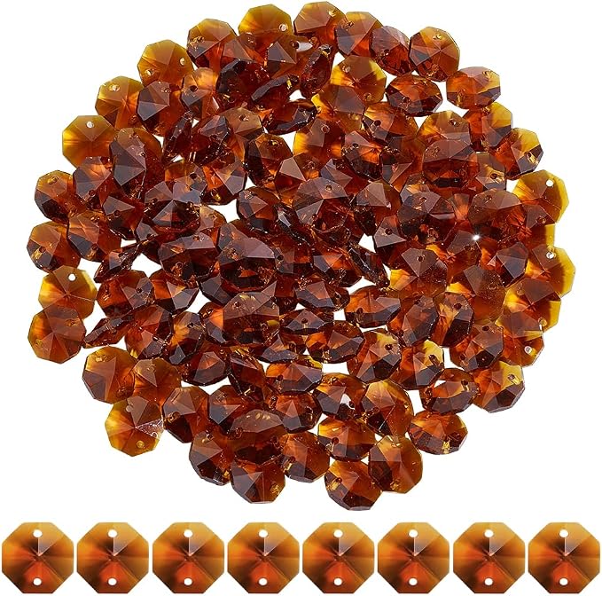 120Pcs 14mm Glass Octagon Crystal Beads 2 Hole Crystal Prism Beads Chocolate Chandelier Replacement Parts Links Suncatcher Faceted Spacer for DIY Lamp Hanging Pendant Jewelry Making Crafts