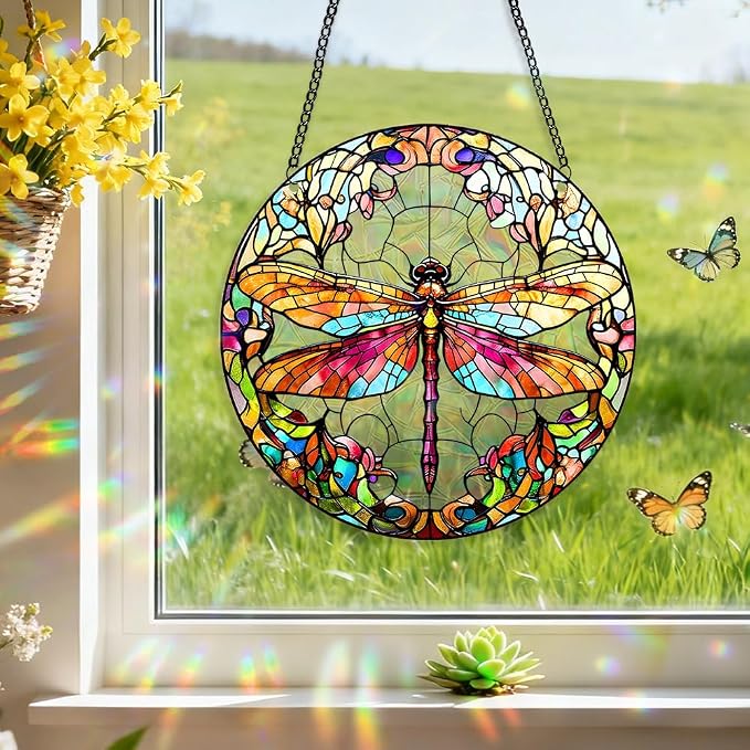 Acrylic Suncatcher Window Hanging, Dragonfly Sun Catcher Rainbow Indoor Window Decoration for Living Room Bedroom, Unique Gift for Mom Wife & Friends, 7.87 x 7.87 inches (I134)