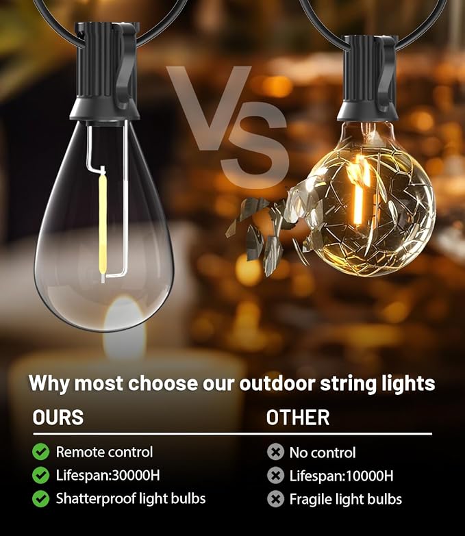 Tenmiro 100FT LED Outdoor String Lights with Remote, 35+ 1 Shatterproof Bulbs Waterproof and Dimmable Patio Lights for Porch, Garden, Backyard, Deck, Balcony, Hanging Lighting Decor