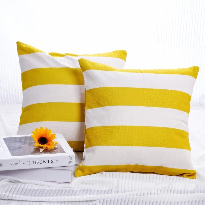 tiggell 4 Pack Waterproof Pillow Covers Outdoor Throw Pillowcases Decorative Garden Cushion Case for Home Garden Patio Couch Balcony Striped (18 * 18 inch, Yellow & White)