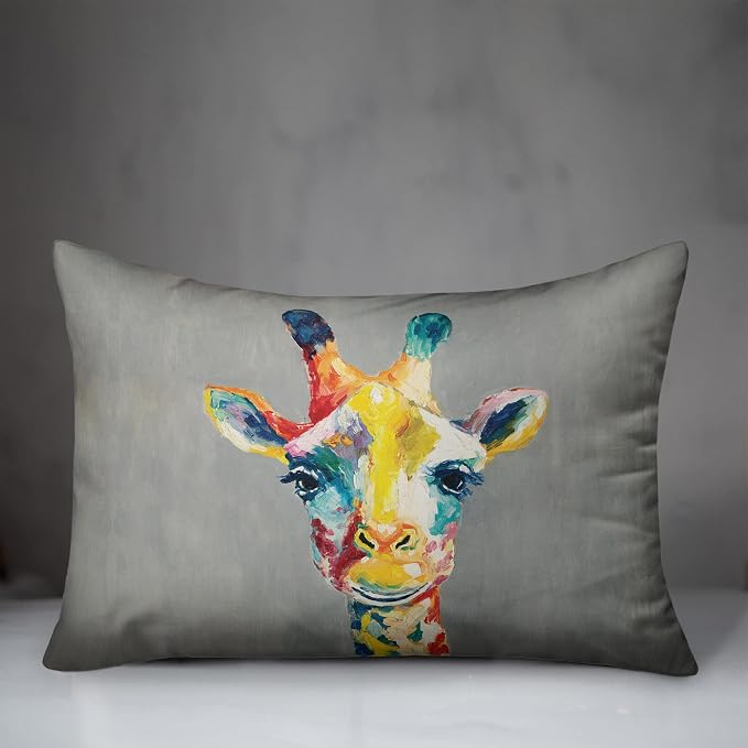 Colorful Giraffe on Gray Indoor/Outdoor Pillow | Decorative Pillows for Living Room Couch Bed Sofa Patio, Fluffy Soft Cushion | Water Resistant Multi, 14x20