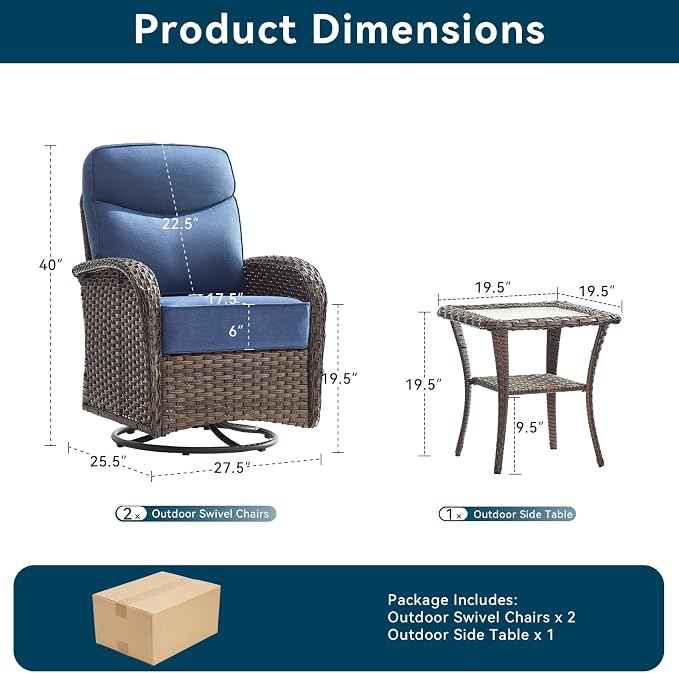 Luxury Wicker Patio Furniture Set with 6-Inch Thick Cushions, 3 Pieces Outdoor Swivel Rocker Patio Chairs Set of 2 with Rattan Side Table, Outdoor Patio Conversation Sets for Garden Deck, Blue