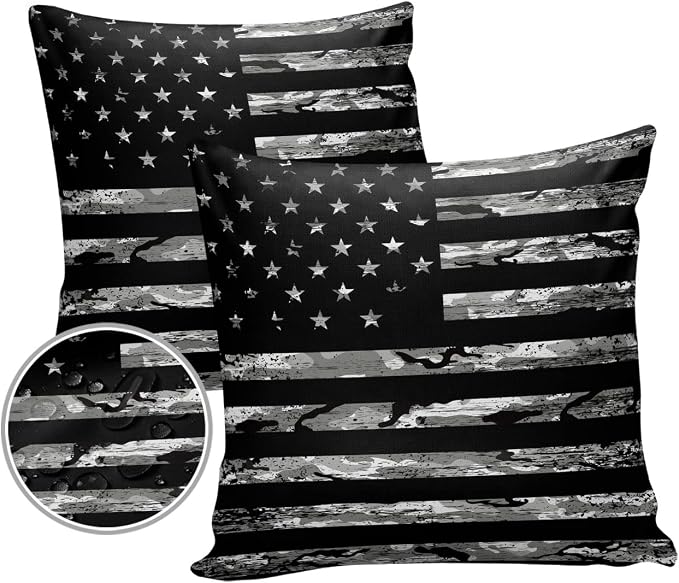 Camouflage Outdoor Pillow Covers Set of 2, American Patriotic Flag Independence Day Decorative Waterproof Throw Pillowcase USA Star Striped Camo Cotton Linen Soft Cozy Cushion Cover Pillowsham 16x16In