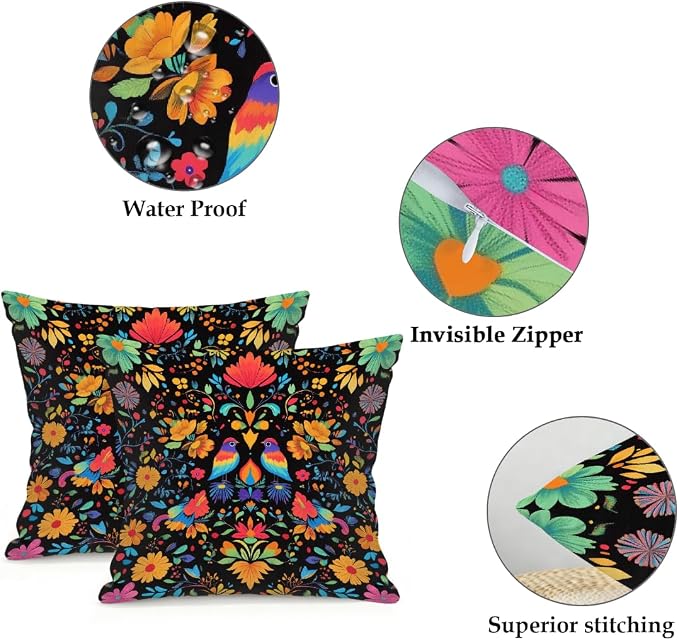 18x18 Inch Outdoor Pillow Covers Set of 2 Waterproof Throw Pillow Covers Decorative Couch Cushion Covers Mexican Birds Flower Square Pillowcases Protectors for Patio Garden Sofa