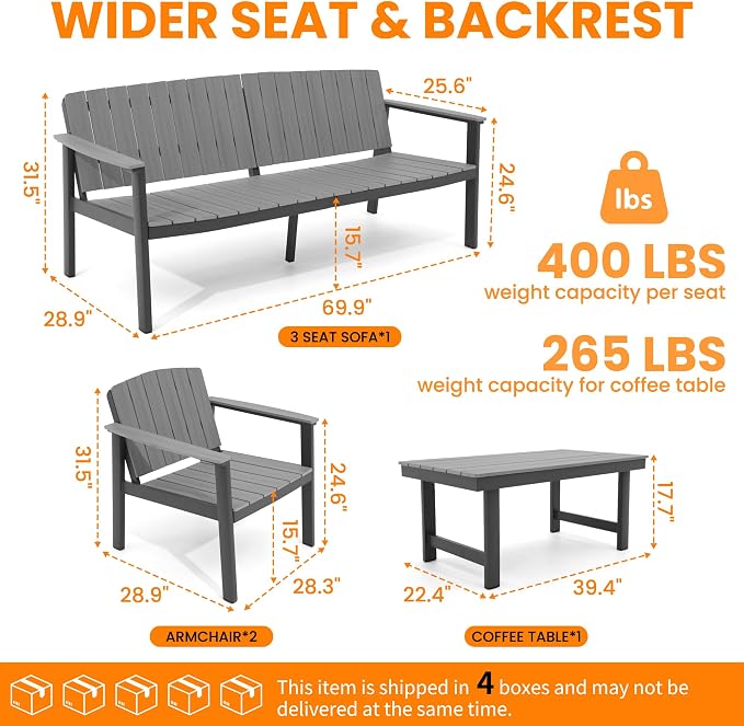Aluminum Patio Furniture Set, Outdoor Furniture Set 4 Pieces Aluminum Frame HDPS Faux Wood, All Weather Conversation Set for Backyard, Garden, Poolside Grey