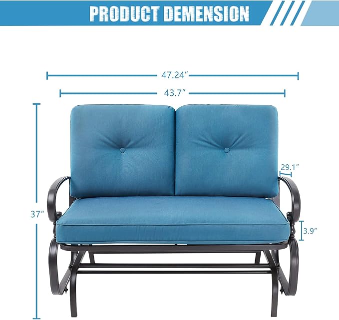 Patio Bench, Porch Glider Outdoor Swing Glider Rocking Loveseat, Steel Frame Chair with Thick Cushion (Peacock Blue)