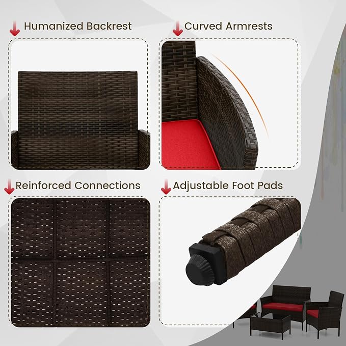 HAPPYGRILL 4PCS Patio Furniture Set Outdoor Rattan Wicker Conversation Set with Cushioned Sofa and Coffee Table for Porch Backyard Garden Poolside