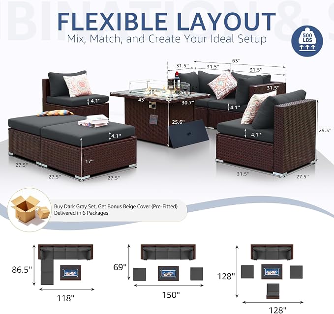 NICESOUL Extra Large Size Patio Furniture Set with Firepit Natural Gas/Propane, 6 Seater Modern Luxury Outdoor Sofa Set, 29.3'' High Backrest Backyard Sitting, Brown Rattan and Dark Grey Cushion