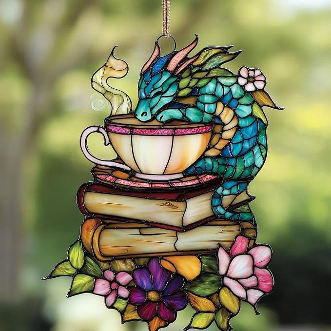 Book Dragon Floral Teacup Acrylic Suncatcher, Bookish Suncatchers for Window Hanging Ornament, Art Garden Decor for Book Lover Reader Bookworm, Gifts for Mother's Day, Mom, Grandma, Wife, Women, Nana