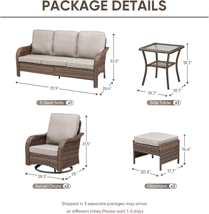Patio Furniture Set - 6 Pieces All Weather Wicker Outdoor Furniture with 2 Swivel Chairs, 2 Ottomans 1 Sofa and Side Table, Ergonomic Design for Porch, Deck, Balcony, Garden, and Backyard(Beige)
