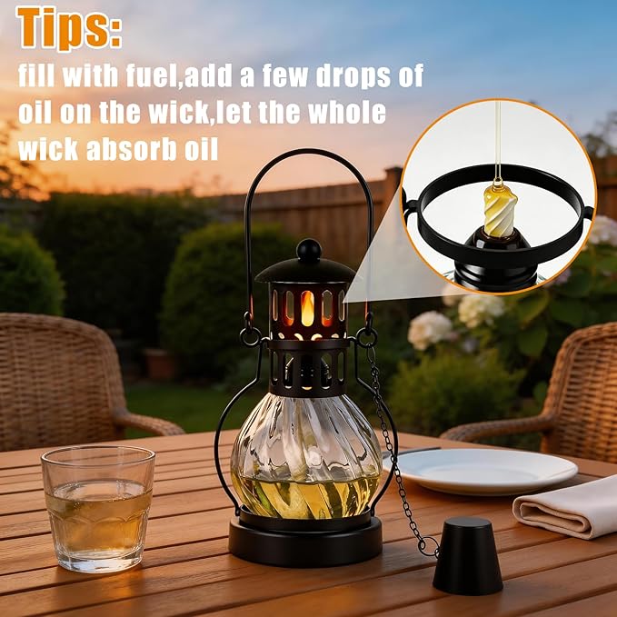 2 Pack Glass Table Top Torches, 14 oz Citronella Torches for Outside, Features hanging handles, Refillable Flame Light Torch, Decorative Tabletop Lantern for Yard, Patio, Garden, Party, Landscape
