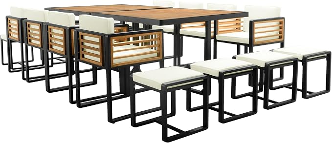 18-Piece Outdoor Patio Acacia Wood Dining Table Set, 2 Square Table with 8 Cushioned Chairs& 8 Stools, All-Weather Resistant Conversation Set with Metal Frame, Space-Saving Design for 8 (Beige-18P)