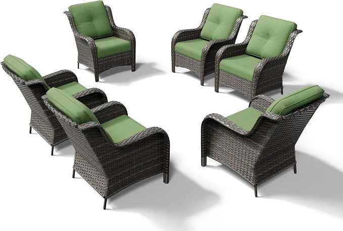 Joyside 6 Piece Wicker Patio Furniture Set, Rattan Patio Chairs with High Back, Deep Seating, Wide Armrest, Thickened Cushions, Outdoor Furniture for Deck, Porch Use