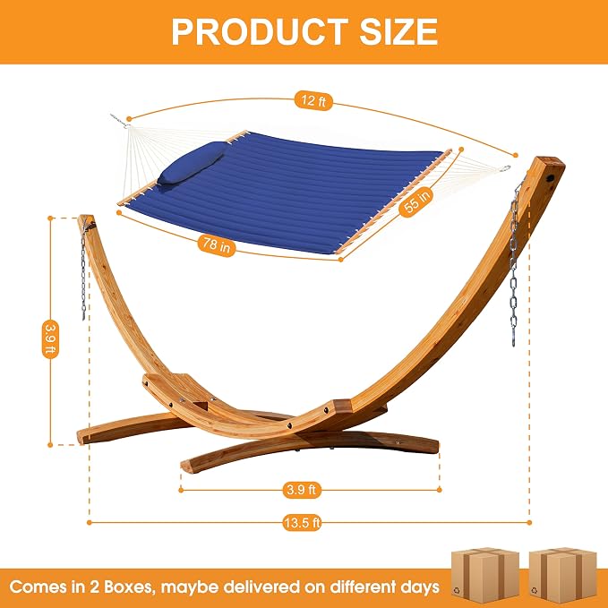 Lazy Daze Hammocks 12 FT Double Quilted Fabric Hammock and 13 FT Natural Wood Arc Stand, with Spreader Bar, Removable Pillow, 2 Person Hammock for Poolside Outdoor Patio, 450 lbs Capacity, Navy Blue