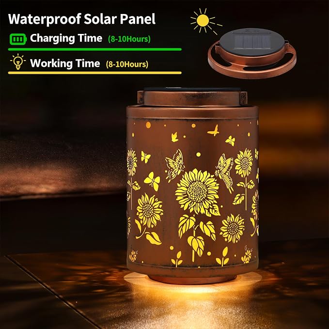2 Pack Solar Outdoor Lanterns Butterflies Garden Decor LED Light Hanging | Waterproof Solar Metal Lanterm Gifts for Women Mon Grandma Sunflower Solar Lights Outdoor Decoration