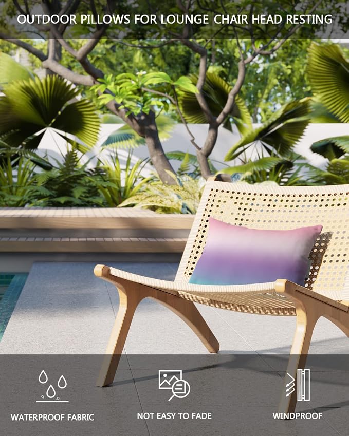 Outdoor Pillows Covers with Inserts Purple Pink Teal Gradient Waterproof Recliner Pillow with Adjustable Strap Throw Pillows for Patio Furniture Pool Lounge Chair, 11x16 inch, 1PCS