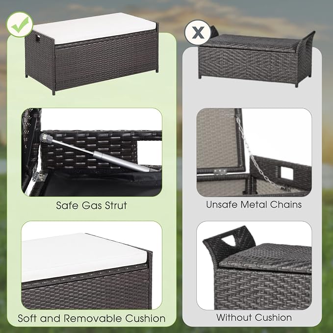 Tangkula 34 Gallon Outdoor Storage Bench with Seat Cushion, Patio Mix Brown Wicker Deck Box with Waterproof Liner and Side Handles, Outdoor Storage Bench for Cushions, Garden Tools, Pool Accessories
