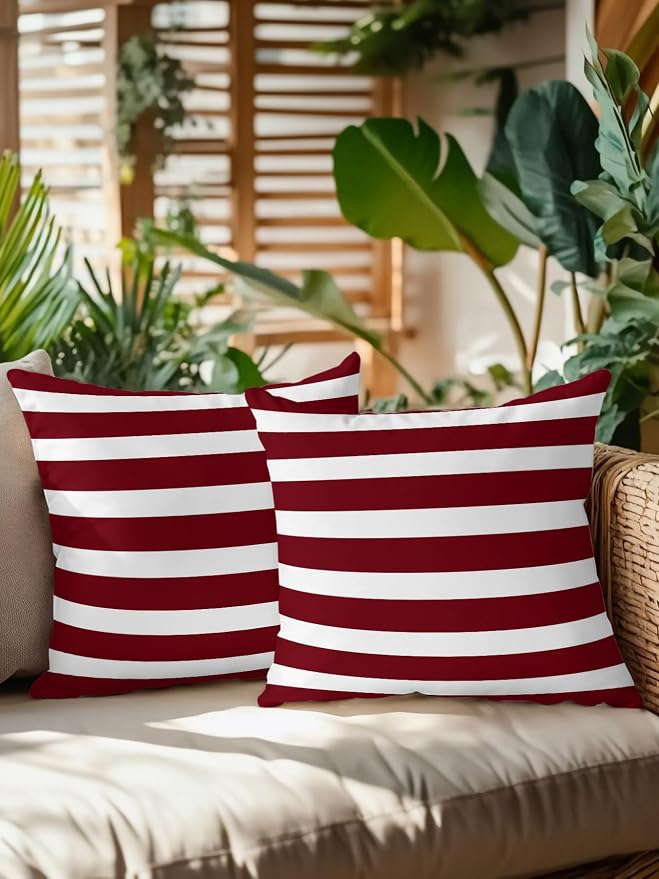 Waterproof Outdoor Pillow Set of 2 Burgundy Red Stripes Decorative Throw Pillows Cover & Insert 16x16 Inch Pillowcase Classic Striped Lines Pillows for Couch Sofa Bed Patio Furniture Indoor Outdoor