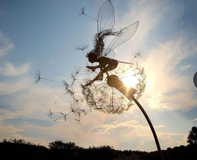 Fcteap Flower Fairy Dancing with Dandelion Garden Art Sculpture Stainless Steel Statue Christmas Halloween Decoration for Outdoor Yard Courtyard Lawn Patio Metal Ornaments (Hurdle)