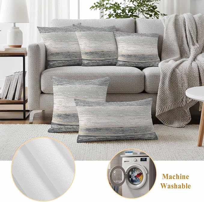 Dark Gray Outdoor Pillow Covers 20"x20" Set of 2, White Gradient Rustic Striped Minimalist Country Waterproof Throw Pillow Covers for Patio Furniture, Decorative Cushion Covers for Porch