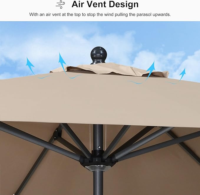 PURPLE LEAF 9' Round Patio Market Umbrella with Base Outdoor Table Umbrellas Aluminum Frame Sun Shade with 8 Sturdy Ribs Tilt for Garden Deck Lawn Pool Taupe