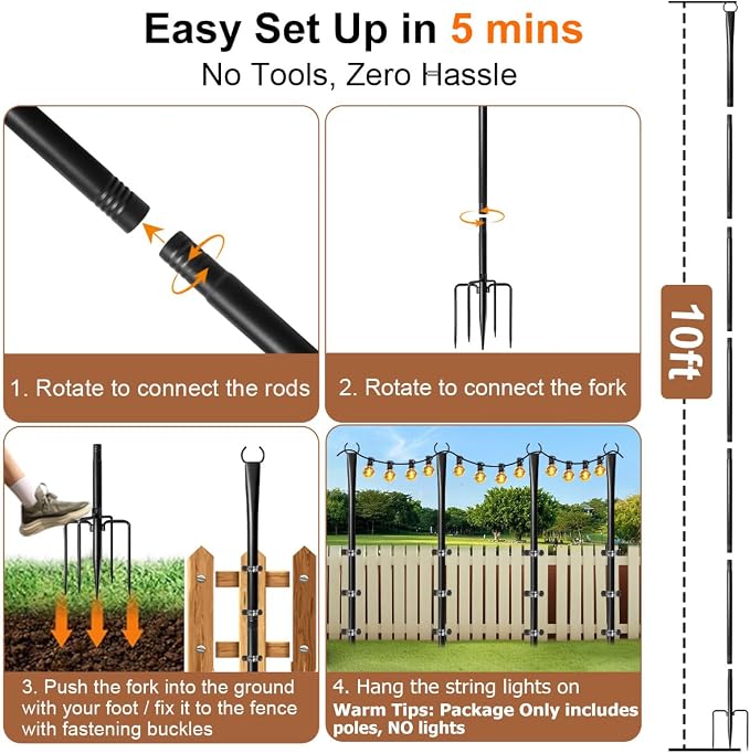 10 Pack String Light Poles for Outside, Upgraded Heavy-Duty Metal Poles for Outdoor String Lights with Fork, Adjustable Lighting Hanging Accessories for Patio Decor Pergola Backyard Garden Decorations