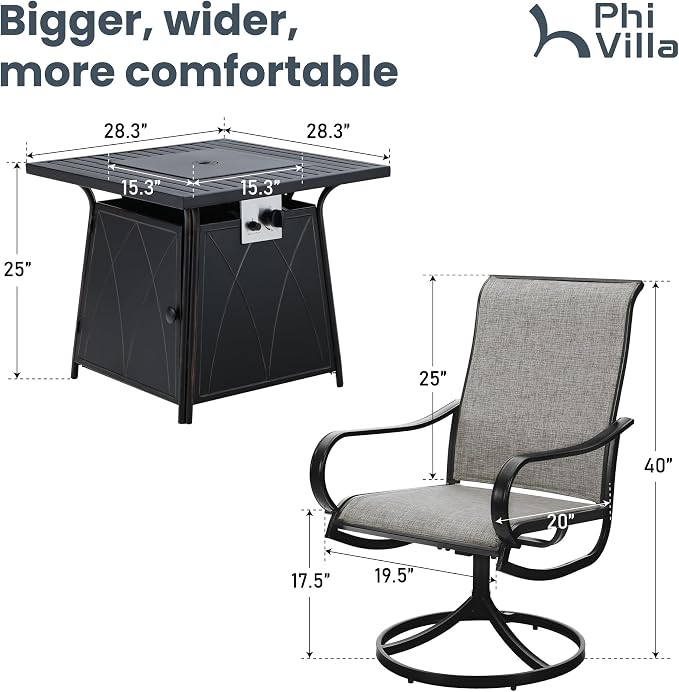 PHI VILLA 5 Piece Patio Set with Firepit Table, 4 Swivel Patio Dining Chairs Textilene Fabric with Metal Frame & 1 28 Inch 50000 BTU Auto-Ignition Propane Gas Fire Pit Table