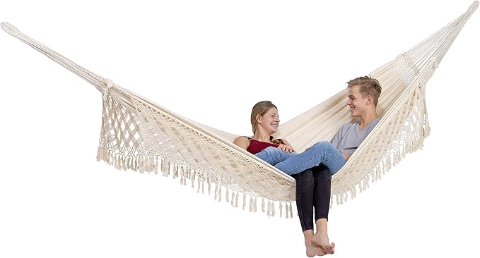 BYER OF MAINE Paradiso Hammock, Authentic Brazilian, Boho Style Natural, Recycled Cotton/Polyester Blend, Double, 142" L x 68" W, Holds up to 400lbs