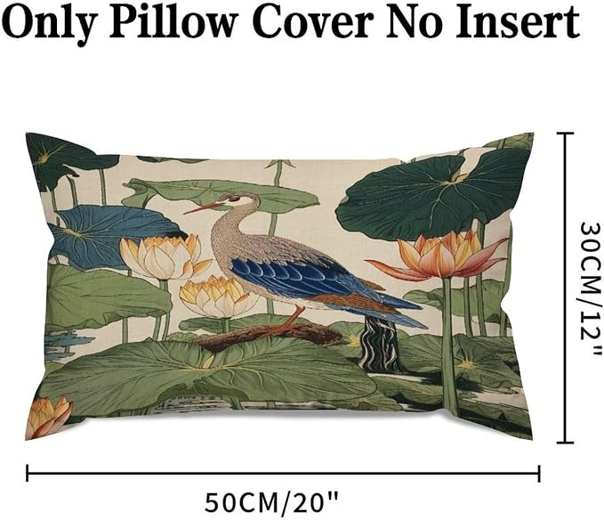 Set of 2 Chinese Pond Bird Decorative Throw Pillow Covers 12x20in Farmhouse Rectangle Accent Pillow Cases Cushion Cover Cases for Sofa Chair Bedroom Home Decor