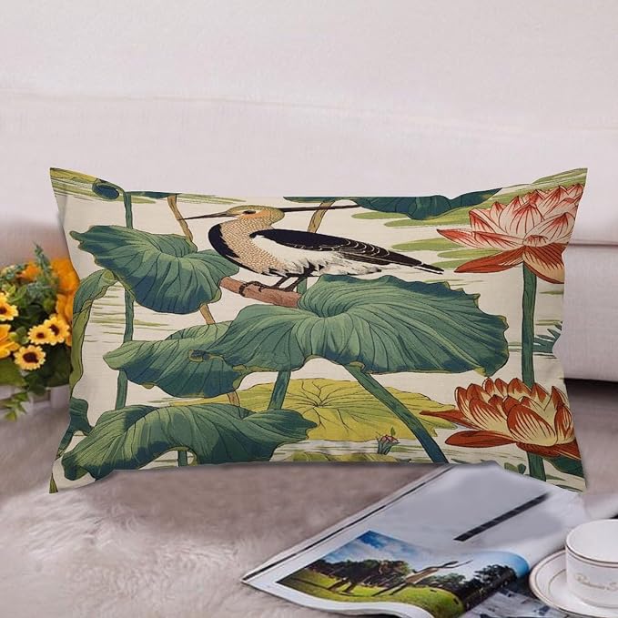 Set of 2 Chinese Pond Bird Cushion Cover Case with Zipper 12x20in Canvas Pillow Cover Rectangle Pillow Case for Couch Bed Car Pub Coffee Bar Living Room Decoration