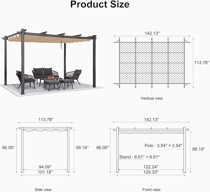 PURPLE LEAF 10' X 12' Outdoor Retractable Pergola with Sun Shade Canopy Patio Metal Shelter for Garden Porch Beach Pavilion Grill Gazebo Modern Yard Grape Trellis Pergola, Beige