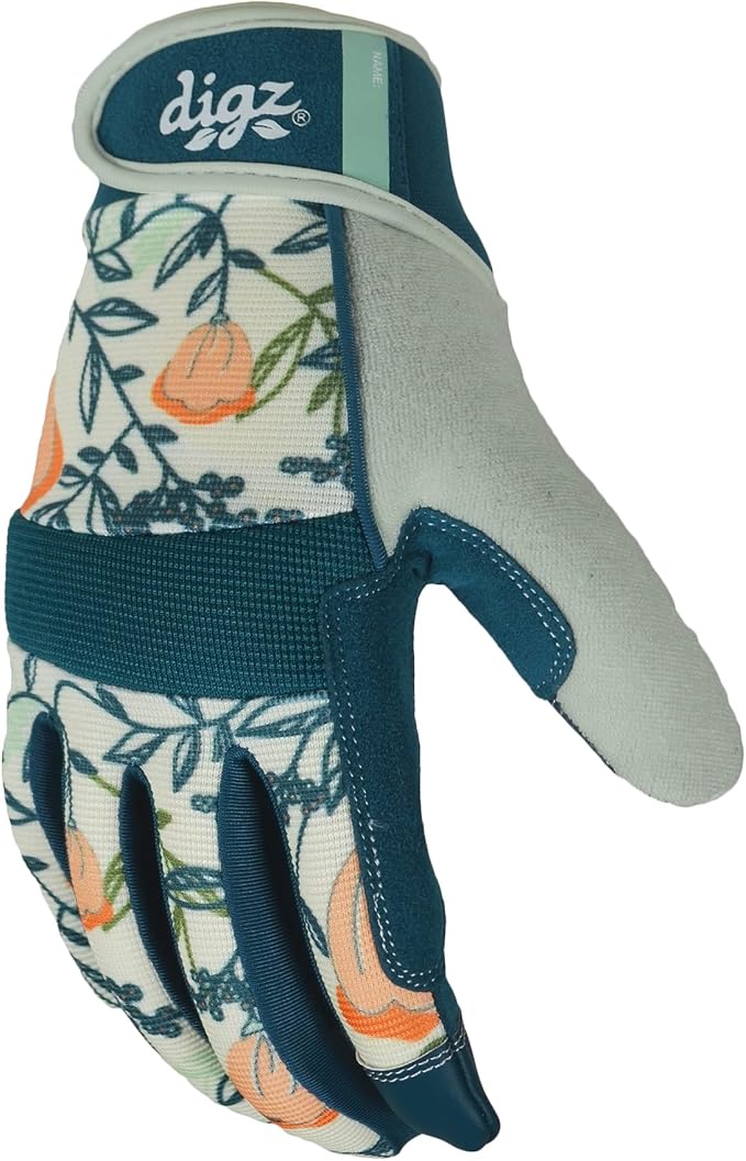 DIGZ Gardening Gloves, Large, 1 Pair, Coral Floral | 4-way spandex with touchscreen fingertips, adjustable wrist helps block dirt for gardening and landscaping