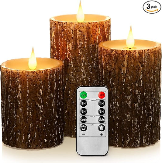 AKU TONPA Pine Bark Effect Flameless Candles Battery Operated Pillar Real Wax Flickering Electric LED Candle Sets with Remote Control Cycling 24 Hours Timer, 3" x 4" 5" 6" Pack of 3