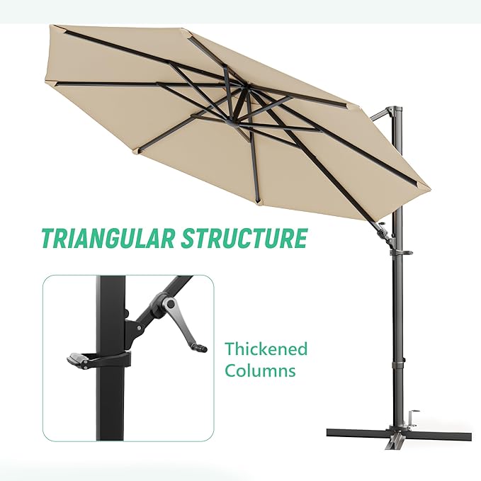 Greesum 10FT Outdoor Patio Umbrella with High Pedel and 4 Gear Heights, Large Offset Market Umbrella with 360-degree Rotation, Without Base, Hanging Outdoor Shade for Garden, Lawn, Pool, Beige