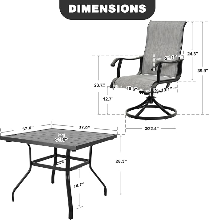 NUU GARDEN 5-Piece Patio Dining Set with Umbrella Hole, 4 High-Back All-Weather Textilene Swivel Chairs, Outdoor Furniture for Backyard, Poolside and Lawn, Black and Light Gray