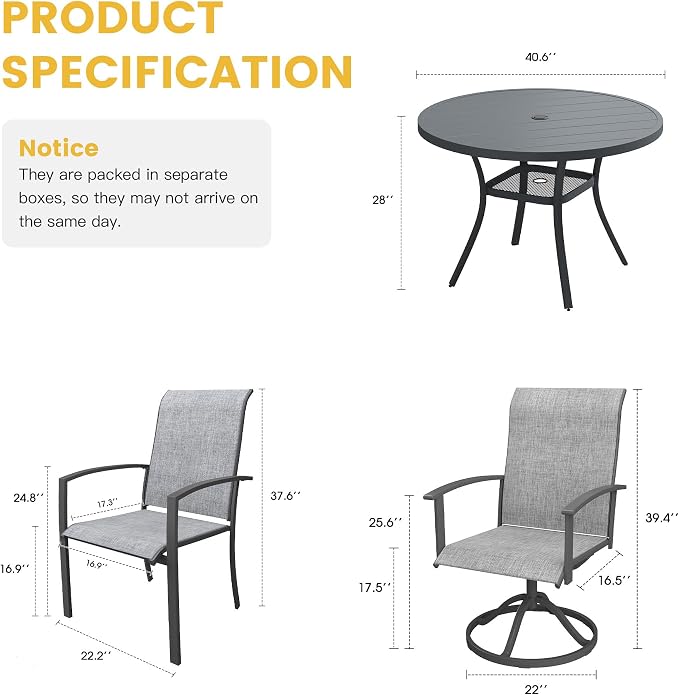 VICLLAX 5 Pieces Patio Dining Set for 4, 40.6" Round Outdoor Table and Chairs (2 Fixed Chairs and 2 Swivel Chairs) for Deck Garden, Dark Grey