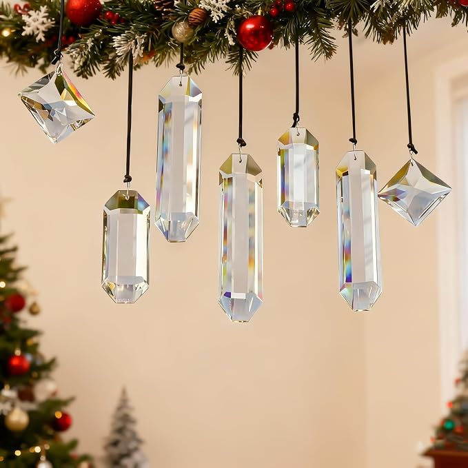 Set 7 Clear Crystal Prisms Suncatchers Window Hanging, Modern Grief Gift | Hanging Crystals,Glass Ornament For Christmas Tree,Rainbow Maker,Sun Catcher Indoor Window,Home Garden Decoration,Glass Prism