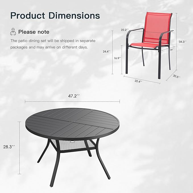 VICLLAX 7 Pieces Patio Outdoor Dining Set, 47.2" Round Metal Table with Umbrella Hole and Storage Shelf, 6 Stackable Textilene Chairs for Patio, Lawn, Garden, Porch, Black/Red