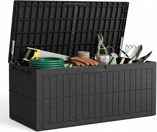 Outdoor Storage Box, 220 Gallon Lockable Resin Large Deck Box, Large Storage for Patio Furniture, Toys, Garden Tools, Sports Equipment, Black