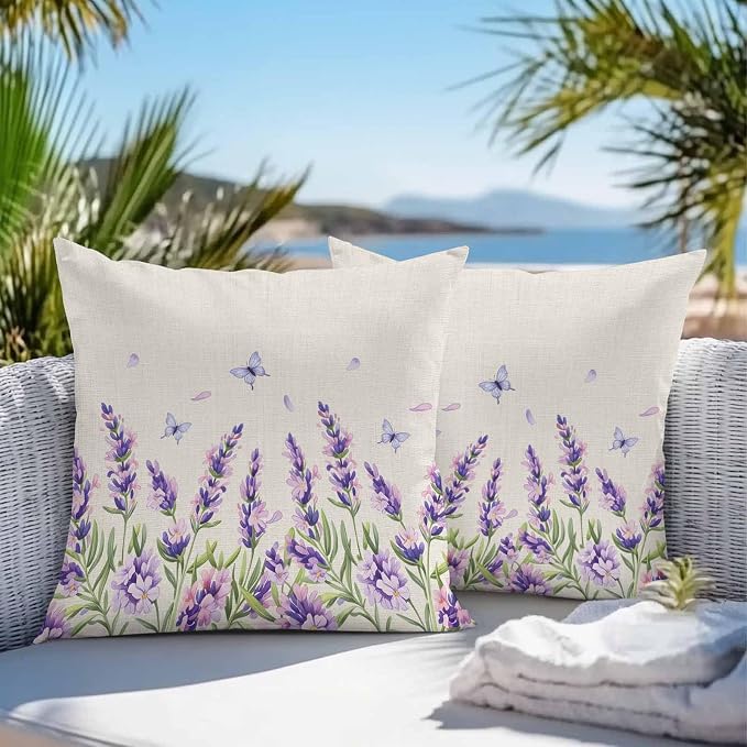 Vandarllin Outdoor Throw Pillows Covers 20x20 inch Set of 2 Waterproof Purple Lavender Flower Decorative Zippered Cushion Covers for Patio Furniture, Butterfly Floral Linen Lumbar Pillowcases