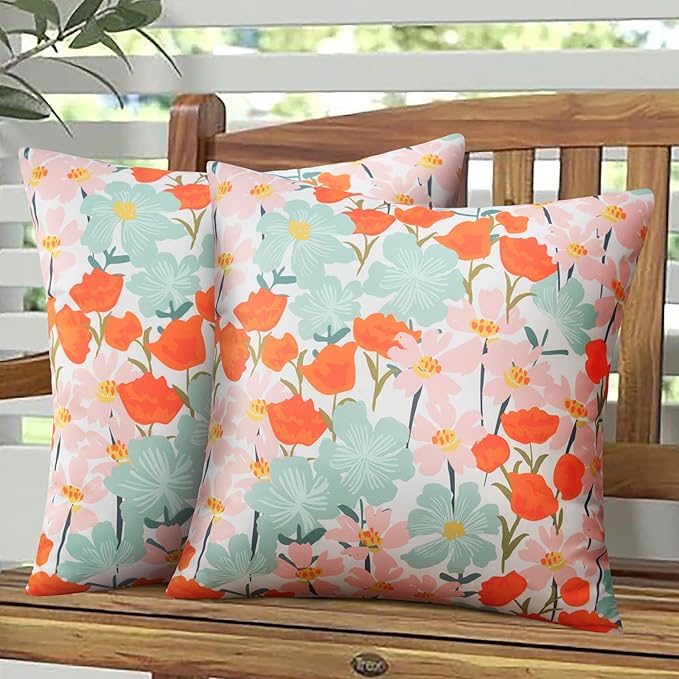 Pyonic Pack of 2 Outdoor Pillows Cover 18X18 inch Floral Waterproof Outdoor Throw Pillow Covers for Patio Furniture Porch