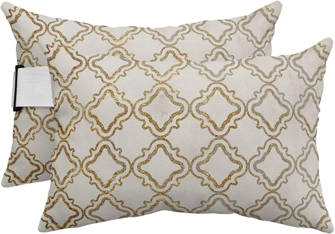 Outdoor Pillows Waterproof Covers Set of 2, Geometric Lines Adjustable Elastic Chaise Lounge Head Resting Pillows, Luxury Golden Linen Lumbar Pillow for Pool Beach Patio Furniture 11x16 Inch