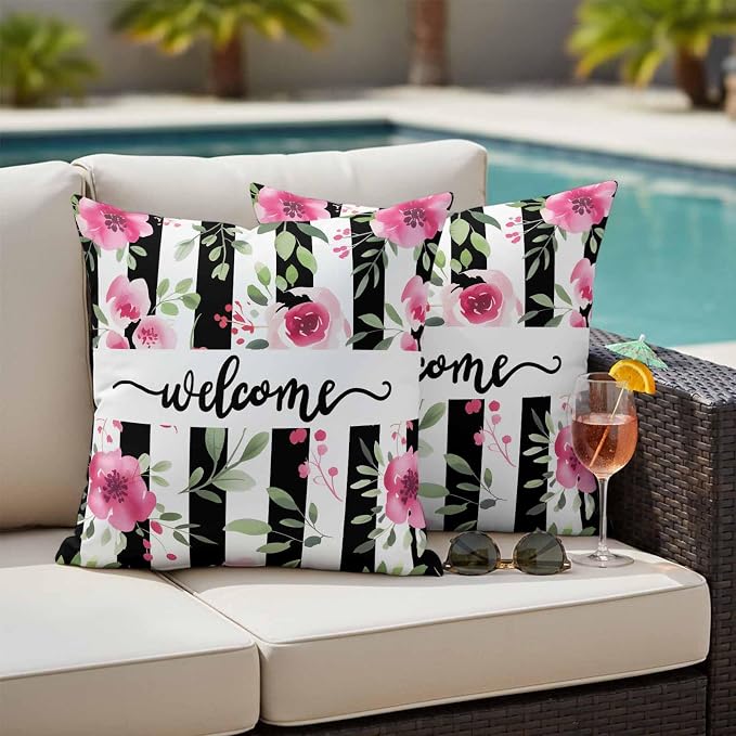 Throw Pillow Covers 20x20 Inch Set of 2, Pink Red Flower Waterproof Outdoor Cushion Covers, Watercolor Floral Leaf Black White Stripe Decorative Pillowcases for Couch, Sofa, Bed, Garden, Patio