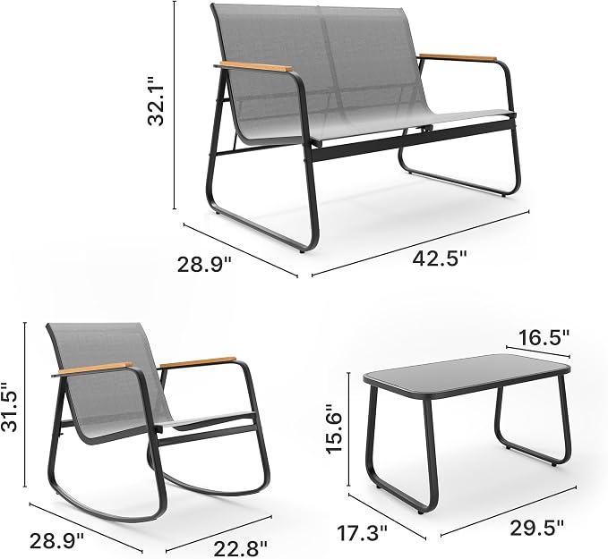 Ahomly 4-Piece Outdoor Patio Furniture Set, All Weather-Resistant Textile Fabric Outdoor Conversation Set with Coffee Table, Patio Rocking Chairs for Lawn, Balcony, Poolside (Grey)