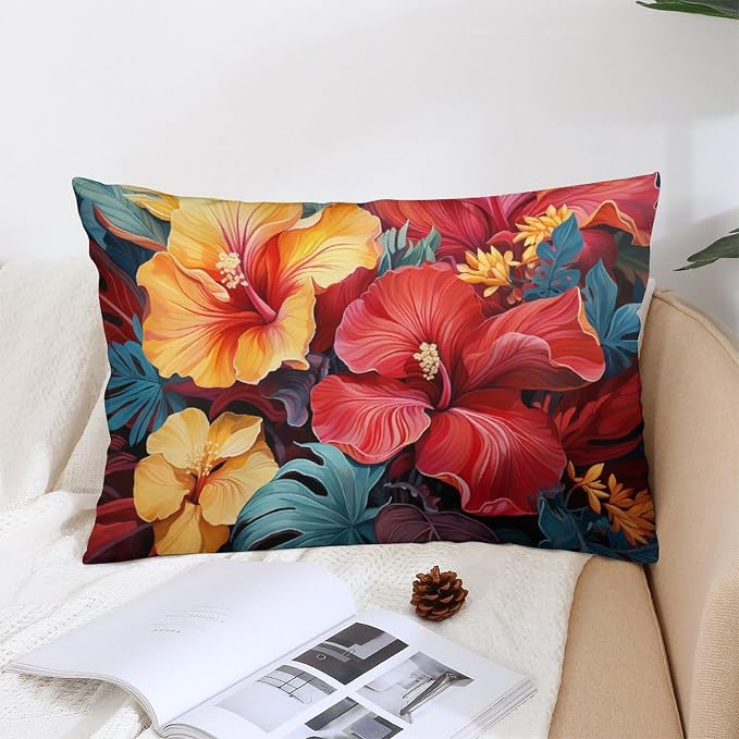 Pillow Cases Tropical Flower Printed with Colorful Leaves Decorative Throw Pillow Case 20"x30" Tropical Red Hibiscus Flower Cooling Pillow Cases with Hidden Zipper Closure for Bedding Couch