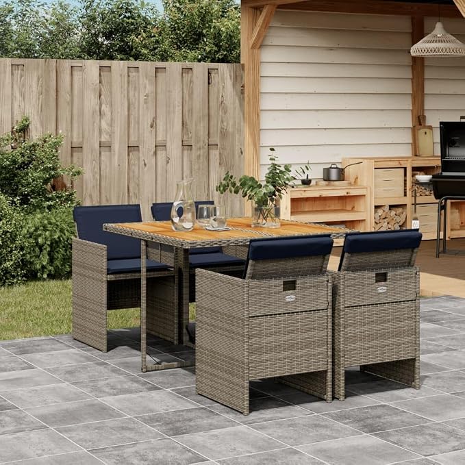 5 Piece Garden Dining Set with Cushions Grey Poly Rattan Outdoor Patio Table and 4 Foldable Chairs Space-Saving Acacia Wood Top Navy Blue Cushion UV-Resistant for Backyard Al Fresco Relaxation